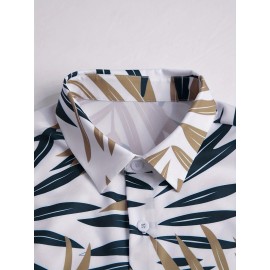 Camisa de botão de manga curta casual para homem - Estampa de plantas tropicais com padrão de folhas azul marinho e bege, tecido respirável, design de contração do abdômen, lavável à máquina, adequada para viagens de praia e atividades ao ar livre, materi