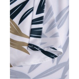 Camisa de botão de manga curta casual para homem - Estampa de plantas tropicais com padrão de folhas azul marinho e bege, tecido respirável, design de contração do abdômen, lavável à máquina, adequada para viagens de praia e atividades ao ar livre, materi