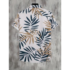 Camisa de botão de manga curta casual para homem - Estampa de plantas tropicais com padrão de folhas azul marinho e bege, tecido respirável, design de contração do abdômen, lavável à máquina, adequada para viagens de praia e atividades ao ar livre, materi