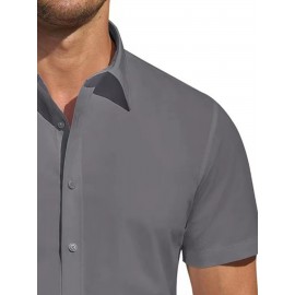 Camisa Masculina de Verão Slim Fit com Lapela e Botões - Manga Curta, Cor Sólida, Leve e Casual para Uso Semi-Formal, Fácil Cuidado (Lavagem à Mão ou Limpeza a Seco), Tecido Sofisticado, Material Respirável, Design Frontal com Botões, Roupa para Clima Que