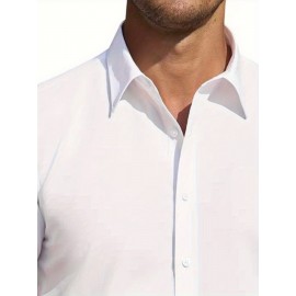 Camisa Masculina de Verão Slim Fit com Lapela e Botões - Manga Curta, Cor Sólida, Leve e Casual para Uso Semi-Formal, Fácil Cuidado (Lavagem à Mão ou Limpeza a Seco), Tecido Sofisticado, Material Respirável, Design Frontal com Botões, Roupa para Clima Que