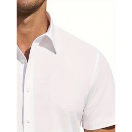 Camisa Masculina de Verão Slim Fit com Lapela e Botões - Manga Curta, Cor Sólida, Leve e Casual para Uso Semi-Formal, Fácil Cuidado (Lavagem à Mão ou Limpeza a Seco), Tecido Sofisticado, Material Respirável, Design Frontal com Botões, Roupa para Clima Que