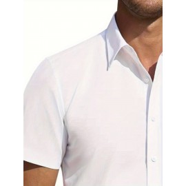 Camisa Masculina de Verão Slim Fit com Lapela e Botões - Manga Curta, Cor Sólida, Leve e Casual para Uso Semi-Formal, Fácil Cuidado (Lavagem à Mão ou Limpeza a Seco), Tecido Sofisticado, Material Respirável, Design Frontal com Botões, Roupa para Clima Que
