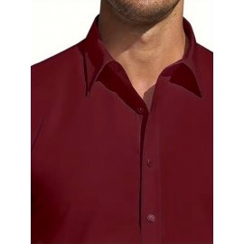 Camisa Masculina de Verão Slim Fit com Lapela e Botões - Manga Curta, Cor Sólida, Leve e Casual para Uso Semi-Formal, Fácil Cuidado (Lavagem à Mão ou Limpeza a Seco), Tecido Sofisticado, Material Respirável, Design Frontal com Botões, Roupa para Clima Que