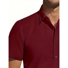 Camisa Masculina de Verão Slim Fit com Lapela e Botões - Manga Curta, Cor Sólida, Leve e Casual para Uso Semi-Formal, Fácil Cuidado (Lavagem à Mão ou Limpeza a Seco), Tecido Sofisticado, Material Respirável, Design Frontal com Botões, Roupa para Clima Que