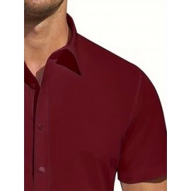 Camisa Masculina de Verão Slim Fit com Lapela e Botões - Manga Curta, Cor Sólida, Leve e Casual para Uso Semi-Formal, Fácil Cuidado (Lavagem à Mão ou Limpeza a Seco), Tecido Sofisticado, Material Respirável, Design Frontal com Botões, Roupa para Clima Que