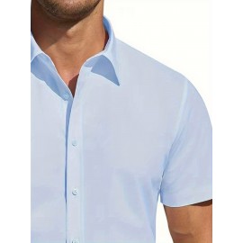 Camisa Masculina de Verão Slim Fit com Lapela e Botões - Manga Curta, Cor Sólida, Leve e Casual para Uso Semi-Formal, Fácil Cuidado (Lavagem à Mão ou Limpeza a Seco), Tecido Sofisticado, Material Respirável, Design Frontal com Botões, Roupa para Clima Que