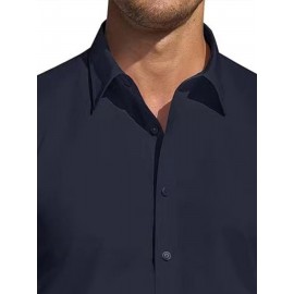 Camisa Masculina de Verão Slim Fit com Lapela e Botões - Manga Curta, Cor Sólida, Leve e Casual para Uso Semi-Formal, Fácil Cuidado (Lavagem à Mão ou Limpeza a Seco), Tecido Sofisticado, Material Respirável, Design Frontal com Botões, Roupa para Clima Que