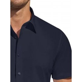 Camisa Masculina de Verão Slim Fit com Lapela e Botões - Manga Curta, Cor Sólida, Leve e Casual para Uso Semi-Formal, Fácil Cuidado (Lavagem à Mão ou Limpeza a Seco), Tecido Sofisticado, Material Respirável, Design Frontal com Botões, Roupa para Clima Que