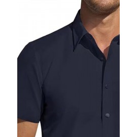 Camisa Masculina de Verão Slim Fit com Lapela e Botões - Manga Curta, Cor Sólida, Leve e Casual para Uso Semi-Formal, Fácil Cuidado (Lavagem à Mão ou Limpeza a Seco), Tecido Sofisticado, Material Respirável, Design Frontal com Botões, Roupa para Clima Que