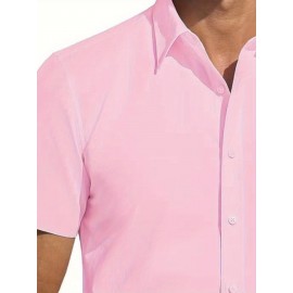Camisa Masculina de Verão Slim Fit com Lapela e Botões - Manga Curta, Cor Sólida, Leve e Casual para Uso Semi-Formal, Fácil Cuidado (Lavagem à Mão ou Limpeza a Seco), Tecido Sofisticado, Material Respirável, Design Frontal com Botões, Roupa para Clima Que
