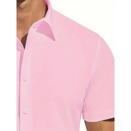 Camisa Masculina de Verão Slim Fit com Lapela e Botões - Manga Curta, Cor Sólida, Leve e Casual para Uso Semi-Formal, Fácil Cuidado (Lavagem à Mão ou Limpeza a Seco), Tecido Sofisticado, Material Respirável, Design Frontal com Botões, Roupa para Clima Que