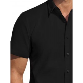Camisa Masculina de Verão Slim Fit com Lapela e Botões - Manga Curta, Cor Sólida, Leve e Casual para Uso Semi-Formal, Fácil Cuidado (Lavagem à Mão ou Limpeza a Seco), Tecido Sofisticado, Material Respirável, Design Frontal com Botões, Roupa para Clima Que