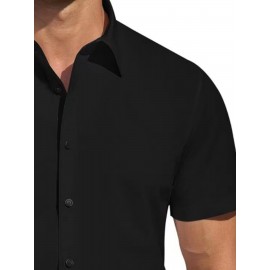 Camisa Masculina de Verão Slim Fit com Lapela e Botões - Manga Curta, Cor Sólida, Leve e Casual para Uso Semi-Formal, Fácil Cuidado (Lavagem à Mão ou Limpeza a Seco), Tecido Sofisticado, Material Respirável, Design Frontal com Botões, Roupa para Clima Que
