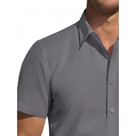 Camisa Masculina de Verão Slim Fit com Lapela e Botões - Manga Curta, Cor Sólida, Leve e Casual para Uso Semi-Formal, Fácil Cuidado (Lavagem à Mão ou Limpeza a Seco), Tecido Sofisticado, Material Respirável, Design Frontal com Botões, Roupa para Clima Que