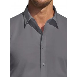 Camisa Masculina de Verão Slim Fit com Lapela e Botões - Manga Curta, Cor Sólida, Leve e Casual para Uso Semi-Formal, Fácil Cuidado (Lavagem à Mão ou Limpeza a Seco), Tecido Sofisticado, Material Respirável, Design Frontal com Botões, Roupa para Clima Que