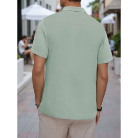 Camisa Masculina Slim Fit Bohemian Listrada de Manga Curta - Tecido Elástico, Lavável na Máquina, Branca e Azul para Todas as Estações, Acessórios de Bowling, Gola Dobrável, Silhueta Elegante, Moda Casual, Material Respirável, Top Versátil, Roupa Moderna 