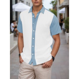 Camisa Masculina Slim Fit Bohemian Listrada de Manga Curta - Tecido Elástico, Lavável na Máquina, Branca e Azul para Todas as Estações, Acessórios de Bowling, Gola Dobrável, Silhueta Elegante, Moda Casual, Material Respirável, Top Versátil, Roupa Moderna 