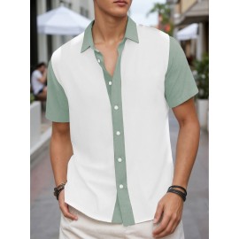 Camisa Masculina Slim Fit Bohemian Listrada de Manga Curta - Tecido Elástico, Lavável na Máquina, Branca e Azul para Todas as Estações, Acessórios de Bowling, Gola Dobrável, Silhueta Elegante, Moda Casual, Material Respirável, Top Versátil, Roupa Moderna 