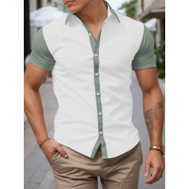 Camisa Masculina Slim Fit Bohemian Listrada de Manga Curta - Tecido Elástico, Lavável na Máquina, Branca e Azul para Todas as Estações, Acessórios de Bowling, Gola Dobrável, Silhueta Elegante, Moda Casual, Material Respirável, Top Versátil, Roupa Moderna 