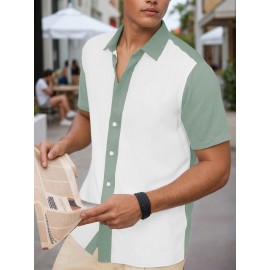 Camisa Masculina Slim Fit Bohemian Listrada de Manga Curta - Tecido Elástico, Lavável na Máquina, Branca e Azul para Todas as Estações, Acessórios de Bowling, Gola Dobrável, Silhueta Elegante, Moda Casual, Material Respirável, Top Versátil, Roupa Moderna 