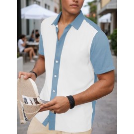 Camisa Masculina Slim Fit Bohemian Listrada de Manga Curta - Tecido Elástico, Lavável na Máquina, Branca e Azul para Todas as Estações, Acessórios de Bowling, Gola Dobrável, Silhueta Elegante, Moda Casual, Material Respirável, Top Versátil, Roupa Moderna 