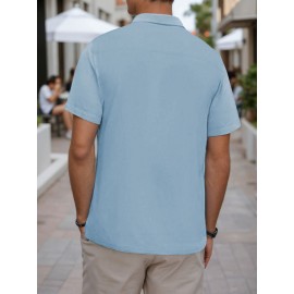 Camisa Masculina Slim Fit Bohemian Listrada de Manga Curta - Tecido Elástico, Lavável na Máquina, Branca e Azul para Todas as Estações, Acessórios de Bowling, Gola Dobrável, Silhueta Elegante, Moda Casual, Material Respirável, Top Versátil, Roupa Moderna 