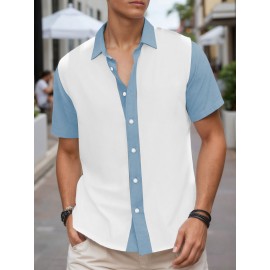 Camisa Masculina Slim Fit Bohemian Listrada de Manga Curta - Tecido Elástico, Lavável na Máquina, Branca e Azul para Todas as Estações, Acessórios de Bowling, Gola Dobrável, Silhueta Elegante, Moda Casual, Material Respirável, Top Versátil, Roupa Moderna 