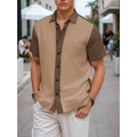Camisa Masculina Slim Fit Bohemian Listrada de Manga Curta - Tecido Elástico, Lavável na Máquina, Branca e Azul para Todas as Estações, Acessórios de Bowling, Gola Dobrável, Silhueta Elegante, Moda Casual, Material Respirável, Top Versátil, Roupa Moderna 