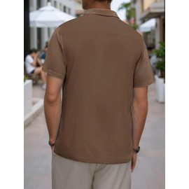 Camisa Masculina Slim Fit Bohemian Listrada de Manga Curta - Tecido Elástico, Lavável na Máquina, Branca e Azul para Todas as Estações, Acessórios de Bowling, Gola Dobrável, Silhueta Elegante, Moda Casual, Material Respirável, Top Versátil, Roupa Moderna 