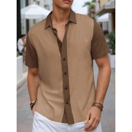 Camisa Masculina Slim Fit Bohemian Listrada de Manga Curta - Tecido Elástico, Lavável na Máquina, Branca e Azul para Todas as Estações, Acessórios de Bowling, Gola Dobrável, Silhueta Elegante, Moda Casual, Material Respirável, Top Versátil, Roupa Moderna 
