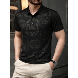 Camisa de manga comprida JOSFOND para homem - Preto com estampa de dragão e flores intricadas, botão casual de verão, ajuste solto, decote quadrado, perfeita para adultos, atitude casual, estilo sofisticado, artesanato de qualidade
