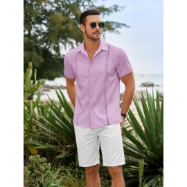 ELESOL Camisas Cubanas Guayabera Manga Curta Camisa de Botão Leve Camisas de Praia de Verão