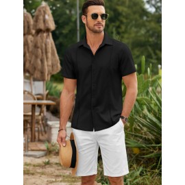 ELESOL Camisas Cubanas Guayabera Manga Curta Camisa de Botão Leve Camisas de Praia de Verão