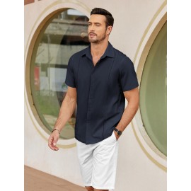 ELESOL Camisas Cubanas Guayabera Manga Curta Camisa de Botão Leve Camisas de Praia de Verão