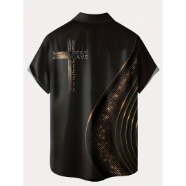 Camisa Havaiana Masculina Plus Size - Conforto 120GSM para Todas as Estações, Manga Curta com Gola Virada e Botão Único, Preto com Estampa Geométrica Dourada e Branca, Lavável na Máquina