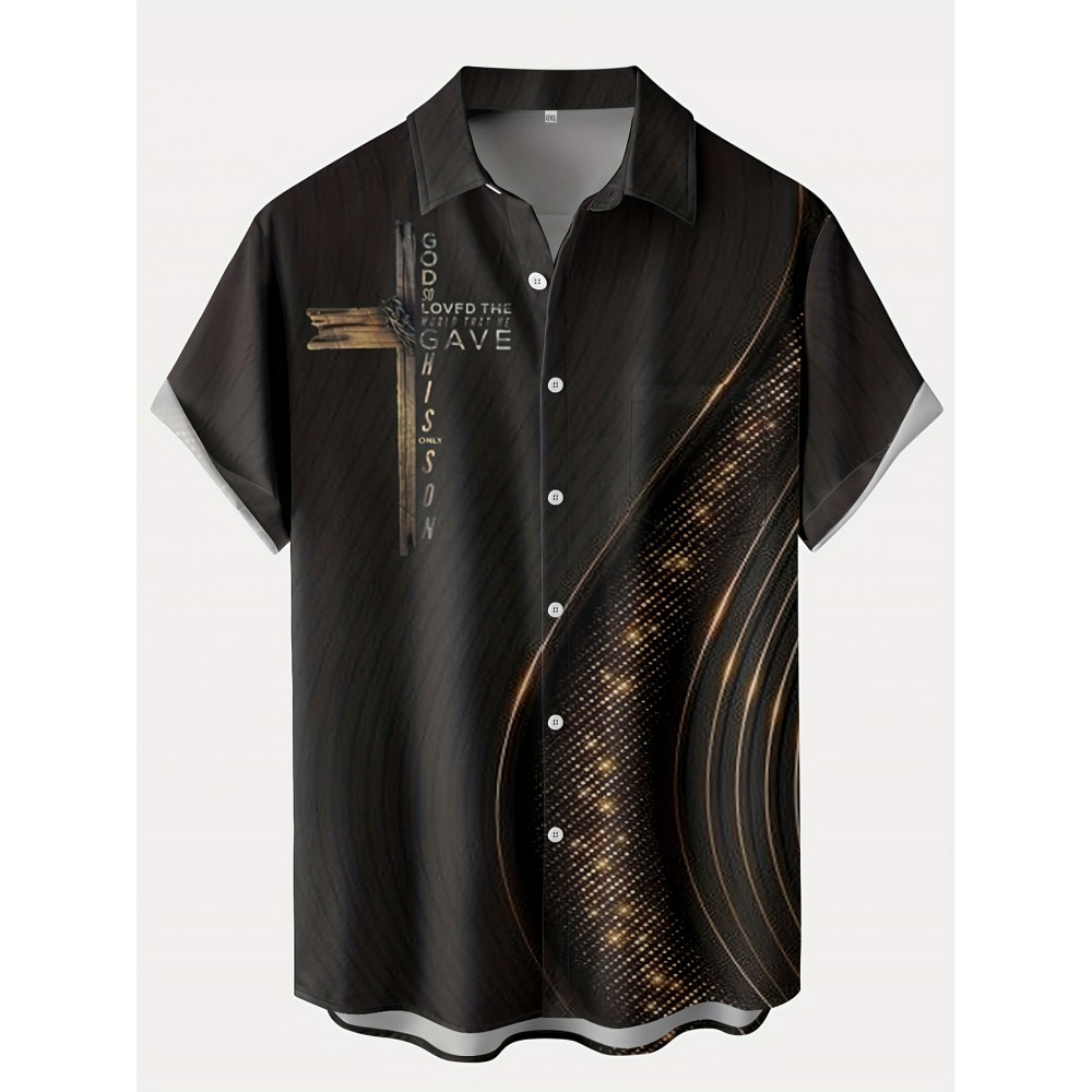 Camisa Havaiana Masculina Plus Size - Conforto 120GSM para Todas as Estações, Manga Curta com Gola Virada e Botão Único, Preto com Estampa Geométrica Dourada e Branca, Lavável na Máquina