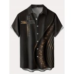 Camisa Havaiana Masculina Plus Size - Conforto 120GSM para Todas as Estações, Manga Curta com Gola Virada e Botão Único, Preto com Estampa Geométrica Dourada e Branca, Lavável na Máquina