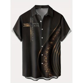 Camisa Havaiana Masculina Plus Size - Conforto 120GSM para Todas as Estações, Manga Curta com Gola Virada e Botão Único, Preto com Estampa Geométrica Dourada e Branca, Lavável na Máquina