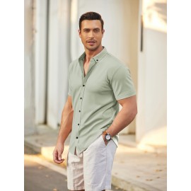 ELESOL Camisa de Algodão para Homem Verão Sem Dobrar Manga Curta Casual com Botão Camisetas Musculares