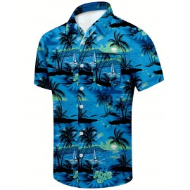 Camisa Masculina de Manga Curta KEEVOOM Havaí com Estampa de Coqueiro e Botões, Camisa Térmica para Férias na Praia, Poliéster, Leve, Casual de Verão, Corte Tipo H, Bolso, Lavagem à Mão ou Limpagem a Seco, Camisa para Homens Adultos