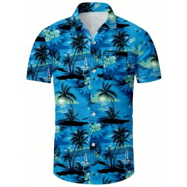 Camisa Masculina de Manga Curta KEEVOOM Havaí com Estampa de Coqueiro e Botões, Camisa Térmica para Férias na Praia, Poliéster, Leve, Casual de Verão, Corte Tipo H, Bolso, Lavagem à Mão ou Limpagem a Seco, Camisa para Homens Adultos