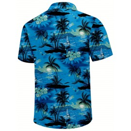 Camisa Masculina de Manga Curta KEEVOOM Havaí com Estampa de Coqueiro e Botões, Camisa Térmica para Férias na Praia, Poliéster, Leve, Casual de Verão, Corte Tipo H, Bolso, Lavagem à Mão ou Limpagem a Seco, Camisa para Homens Adultos