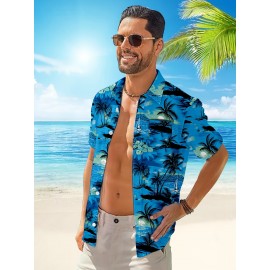 Camisa Masculina de Manga Curta KEEVOOM Havaí com Estampa de Coqueiro e Botões, Camisa Térmica para Férias na Praia, Poliéster, Leve, Casual de Verão, Corte Tipo H, Bolso, Lavagem à Mão ou Limpagem a Seco, Camisa para Homens Adultos