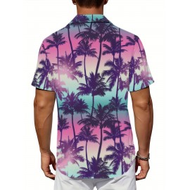 Camisa de manga curta criativa de estilo palmeira para homem, feita de poliéster leve, com gola de botão, é perfeita para uso casual na praia em Hawaii durante o verão.