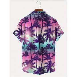 Camisa de manga curta criativa de estilo palmeira para homem, feita de poliéster leve, com gola de botão, é perfeita para uso casual na praia em Hawaii durante o verão.