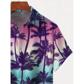 Camisa de manga curta criativa de estilo palmeira para homem, feita de poliéster leve, com gola de botão, é perfeita para uso casual na praia em Hawaii durante o verão.