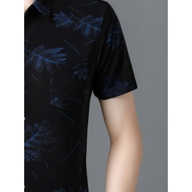 Camisa casual de manga curta com botões e bolsos para homem - Estampa de folha de carvalho de verão, azul naval, ajuste solto, poliéster leve, perfeita para atitudes casuais, camisas para o verão