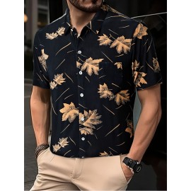 Camisa casual de manga curta com botões e bolsos para homem - Estampa de folha de carvalho de verão, azul naval, ajuste solto, poliéster leve, perfeita para atitudes casuais, camisas para o verão