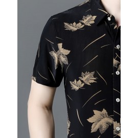 Camisa casual de manga curta com botões e bolsos para homem - Estampa de folha de carvalho de verão, azul naval, ajuste solto, poliéster leve, perfeita para atitudes casuais, camisas para o verão